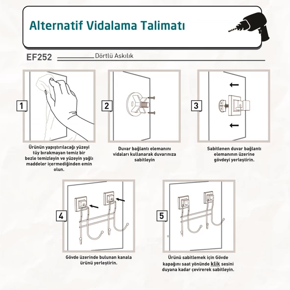 TEKNOTEL DELME VİDA MATKAP YOK! easyFIX YAPISKANLI DÖRTLÜ ASKILIK MAT SİYAH EF252 - 5