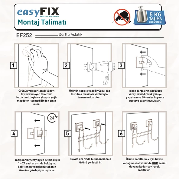 TEKNOTEL DELME VİDA MATKAP YOK! easyFIX YAPISKANLI DÖRTLÜ ASKILIK MAT SİYAH EF252 - 4