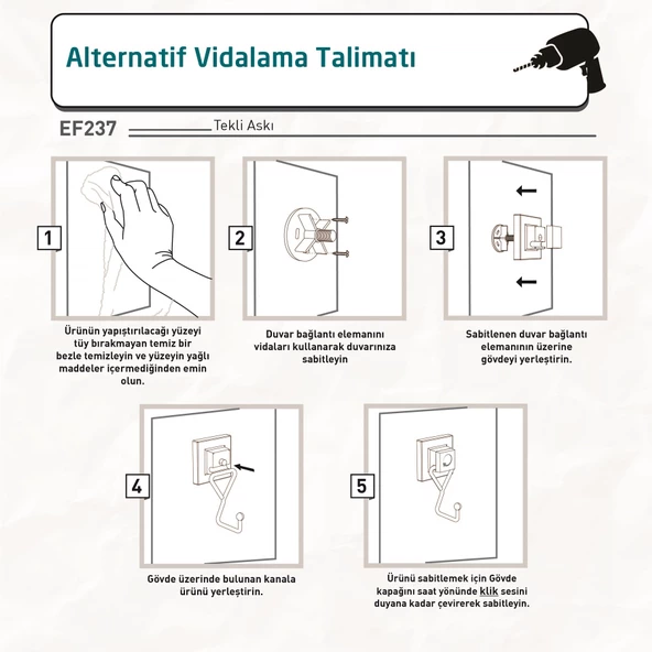 TEKNOTEL DELME VİDA MATKAP YOK! easyFIX YAPISKANLI TEKLİ ASKI MAT SİYAH EF237 - 5
