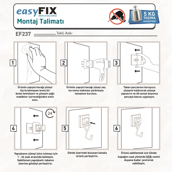 TEKNOTEL DELME VİDA MATKAP YOK! easyFIX YAPISKANLI TEKLİ ASKI MAT SİYAH EF237 - 4