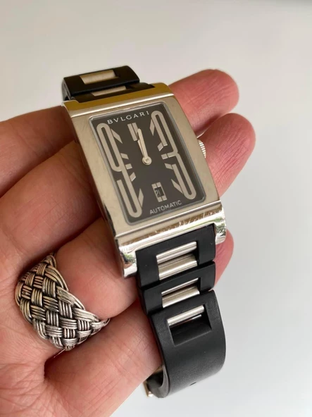 Bvlgari Rettangolo Kauçuk Kordon Erkek Kol Saati RT45S 2. El - Resim 9