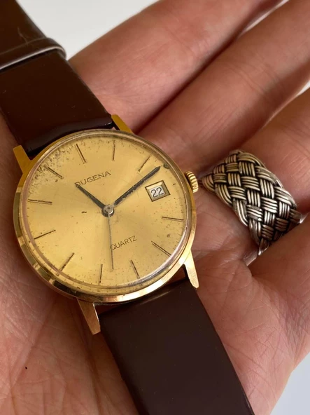 Dugena 14K Altın 35mm Deri Kordon Erkek Kol Saati 2. El