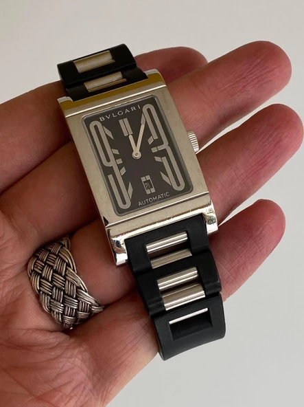 Bvlgari Rettangolo Kauçuk Kordon Erkek Kol Saati RT45S 2. El - Resim 10