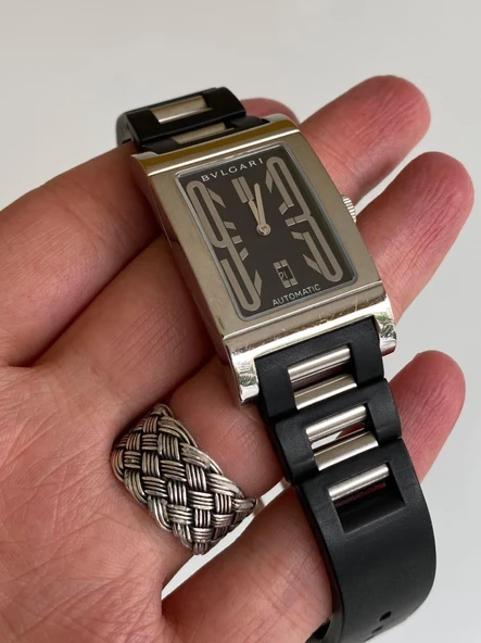 Bvlgari Rettangolo Kauçuk Kordon Erkek Kol Saati RT45S 2. El - Resim 8