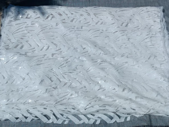 Pullu Nakışlı Beyaz Dantel Abiyelik Gelinlik Tül Kumaş 1,30x30m - 2