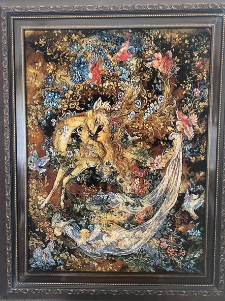 Geyiğin Öpücüğü Floş İpek Halı Tablo 110x90cm - 2