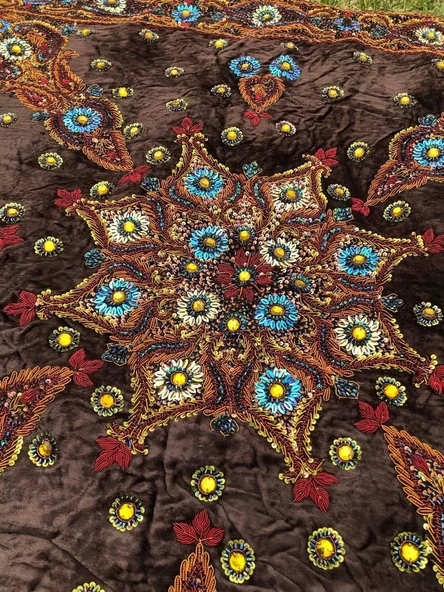 El İşi Otantik İşlemeli Boncuklu Taşlı Kadife Masa Örtüsü 96x102cm 014 - 2