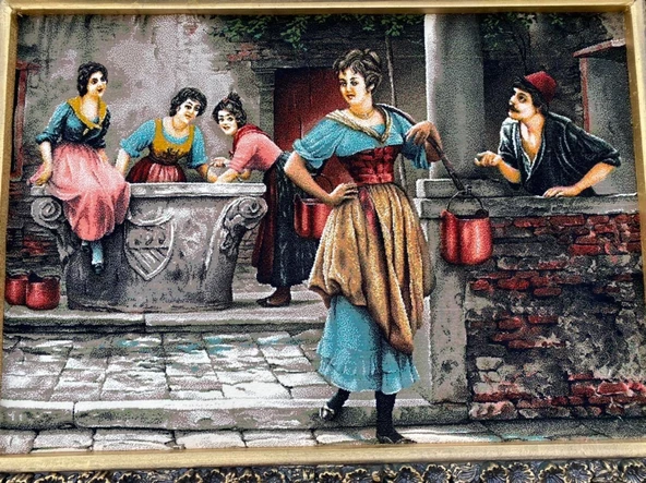 Geleneksel Çeşme Aşkı Temalı İran Tebriz Halı Tablo 98x78cm - Duvar Halı Kilim Tablo - 4