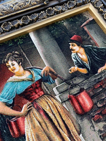 Geleneksel Çeşme Aşkı Temalı İran Tebriz Halı Tablo 98x78cm - Duvar Halı Kilim Tablo - 9