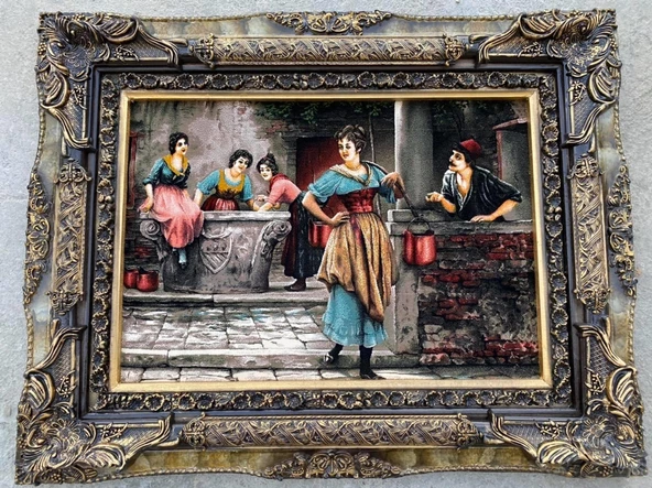 Geleneksel Çeşme Aşkı Temalı İran Tebriz Halı Tablo 98x78cm - Duvar Halı Kilim Tablo - 2