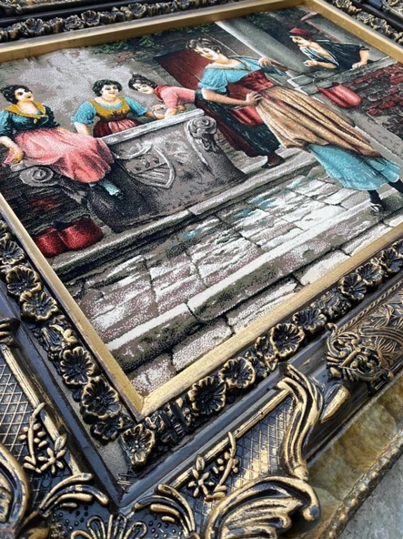 Geleneksel Çeşme Aşkı Temalı İran Tebriz Halı Tablo 98x78cm - Duvar Halı Kilim Tablo - 7