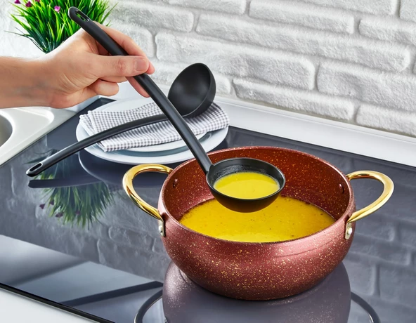 Pratik Yanmaz Yapışmaz Teflon Servis Seti Dayanıklı Kepçe Kevgir Spatula Kaşık 4lü Siyah - 3