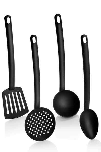 Pratik Yanmaz Yapışmaz Teflon Servis Seti Dayanıklı Kepçe Kevgir Spatula Kaşık 4lü Siyah - 2