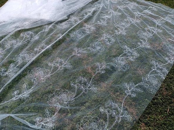 Gül Desenli İşlemeli Tül Perde Beyaz 2,85x12m - 6