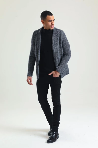 CEKMON Erkek Siyah Beyaz Regular Fit Cepli Düğmeli Astarsız Blazer Rahat Spor Ceket - 4