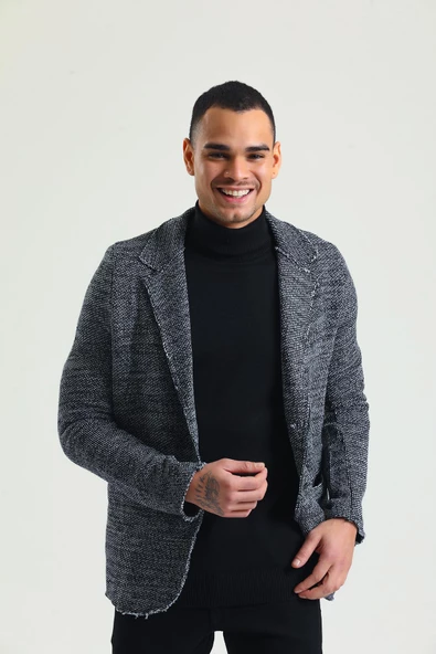 CEKMON Erkek Siyah Beyaz Regular Fit Cepli Düğmeli Astarsız Blazer Rahat Spor Ceket - 3