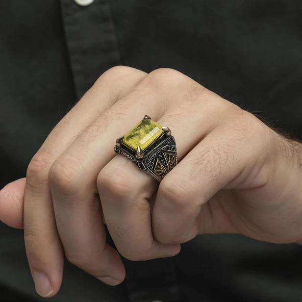 Sarı Paraiba Has Taşlı 925 Gümüş Erkek Yüzük - Resim 7