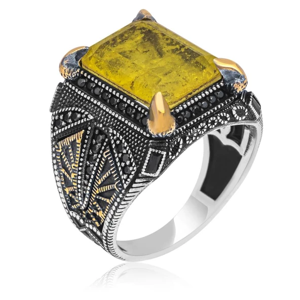 Sarı Paraiba Has Taşlı 925 Gümüş Erkek Yüzük - Resim 11