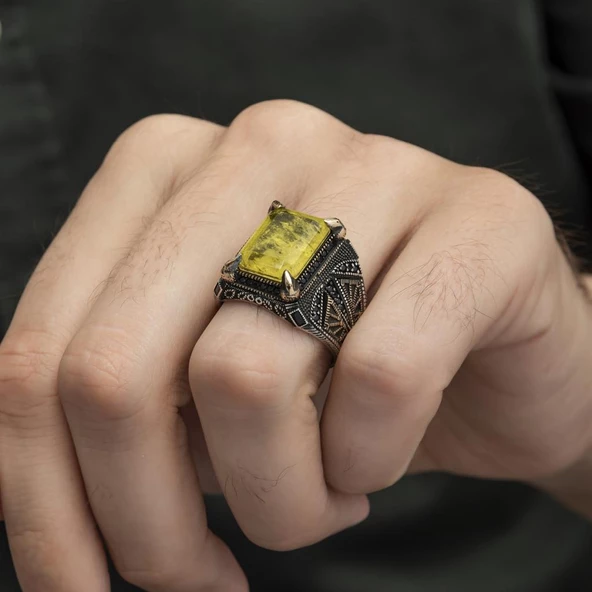 Sarı Paraiba Has Taşlı 925 Gümüş Erkek Yüzük - Resim 6