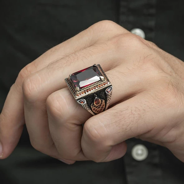 Kare Kırmızı Taşlı Faset Kesim 925 Gümüş Erkek Yüzük - Resim 8