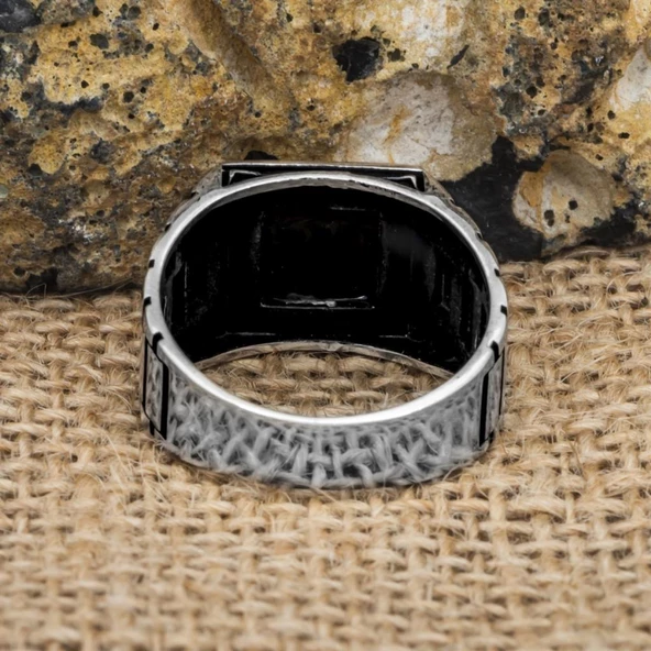 Kare Oniks Siyah Taşlı 925 Gümüş Erkek Yüzük - Resim 9
