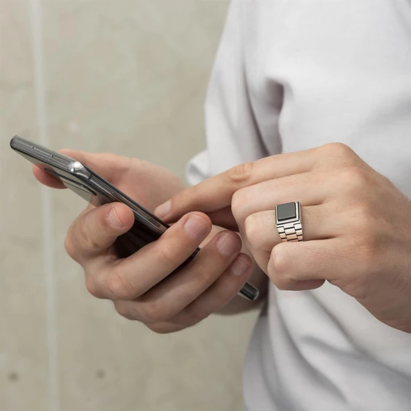 Kare Oniks Siyah Taşlı 925 Gümüş Erkek Yüzük - Resim 4