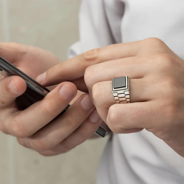 Kare Oniks Siyah Taşlı 925 Gümüş Erkek Yüzük - Resim 3