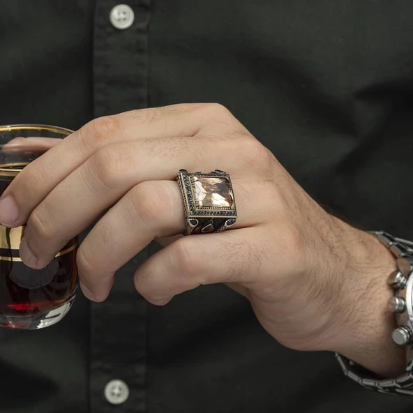 Kare Sitrin Taşlı 925 Gümüş Erkek Yüzük - Resim 8