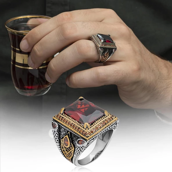 Kare Kırmızı Taşlı Faset Kesim 925 Gümüş Erkek Yüzük - Resim 9