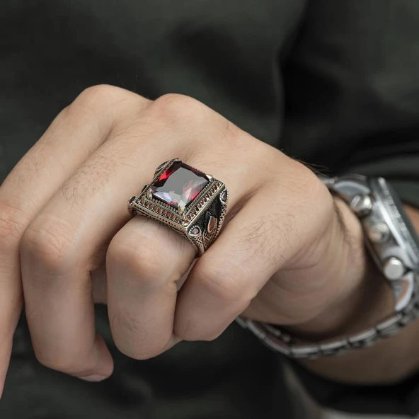 Kare Kırmızı Taşlı Faset Kesim 925 Gümüş Erkek Yüzük - Resim 7