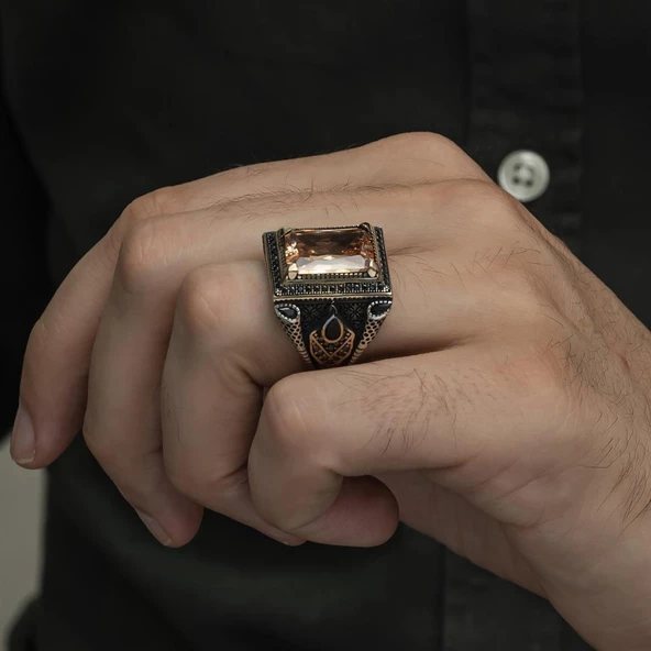 Kare Sitrin Taşlı 925 Gümüş Erkek Yüzük - Resim 6