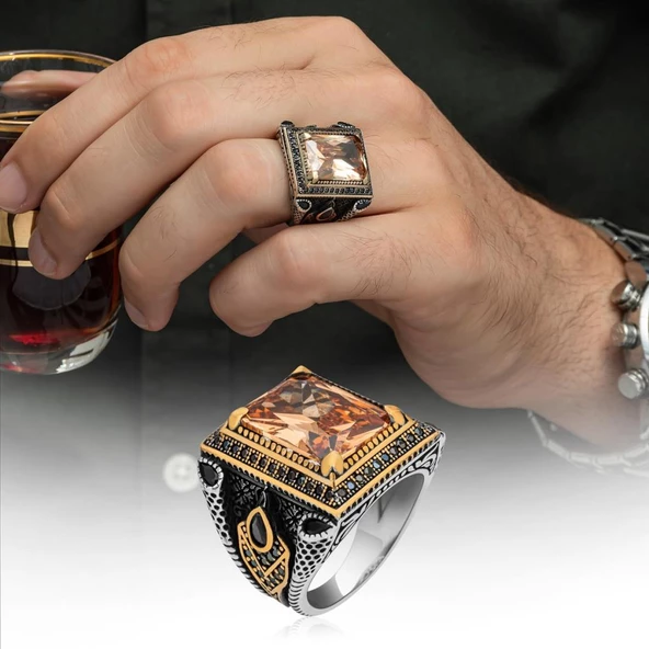 Kare Sitrin Taşlı 925 Gümüş Erkek Yüzük ürün görseli 1