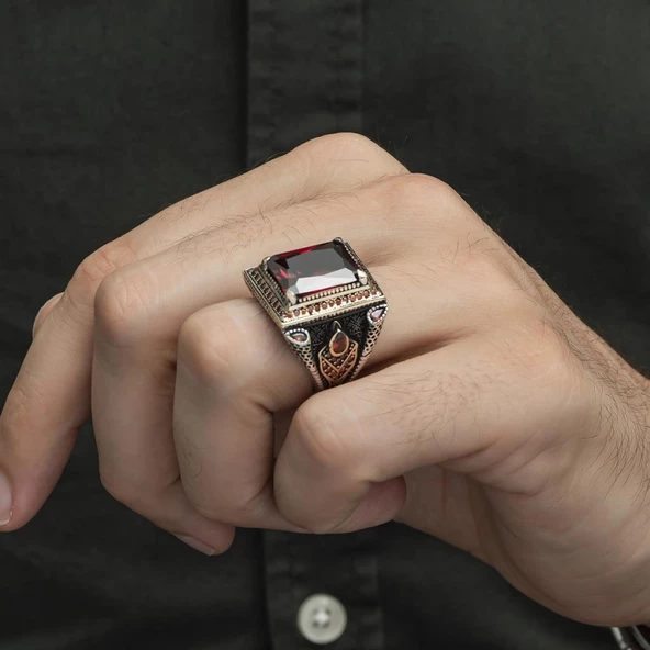 Kare Kırmızı Taşlı Faset Kesim 925 Gümüş Erkek Yüzük - Resim 5