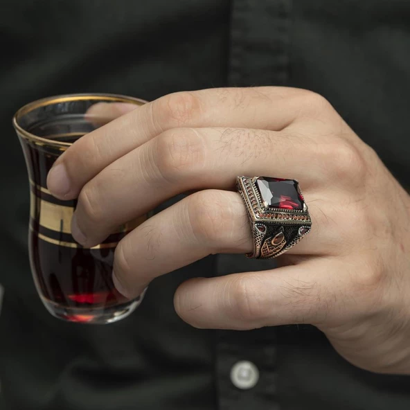 Kare Kırmızı Taşlı Faset Kesim 925 Gümüş Erkek Yüzük - Resim 10