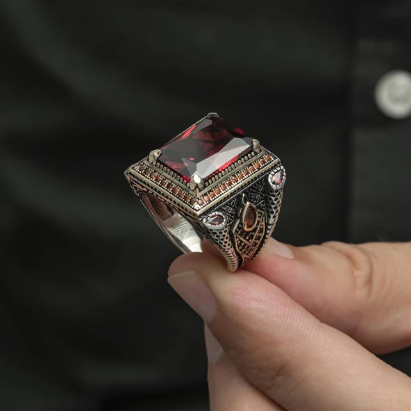 Kare Kırmızı Taşlı Faset Kesim 925 Gümüş Erkek Yüzük - Resim 11