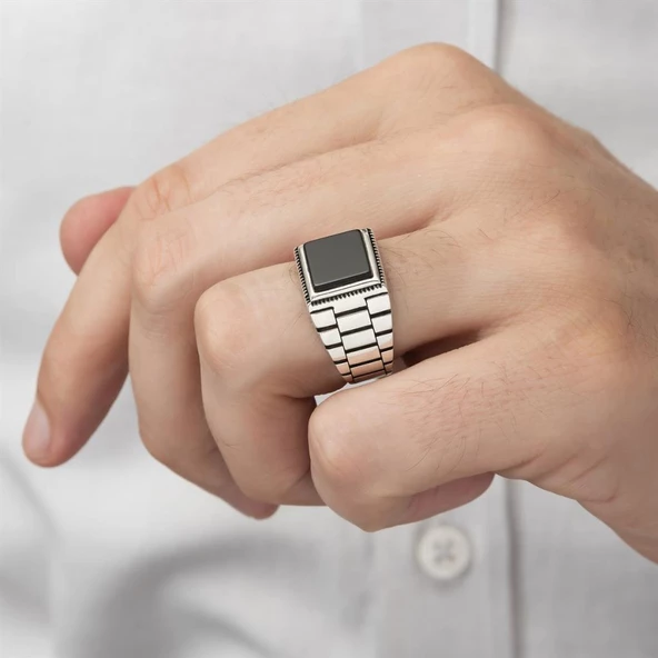 Kare Oniks Siyah Taşlı 925 Gümüş Erkek Yüzük - Resim 6