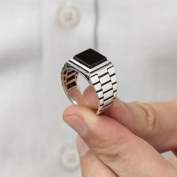 Kare Oniks Siyah Taşlı 925 Gümüş Erkek Yüzük - Resim 10