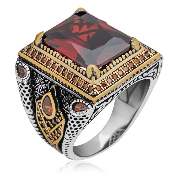 Kare Kırmızı Taşlı Faset Kesim 925 Gümüş Erkek Yüzük - Resim 4
