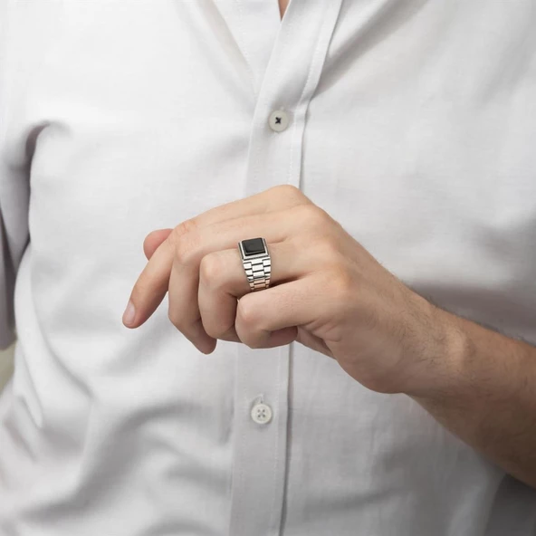 Kare Oniks Siyah Taşlı 925 Gümüş Erkek Yüzük - Resim 8