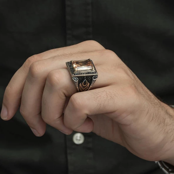 Kare Sitrin Taşlı 925 Gümüş Erkek Yüzük - Resim 12