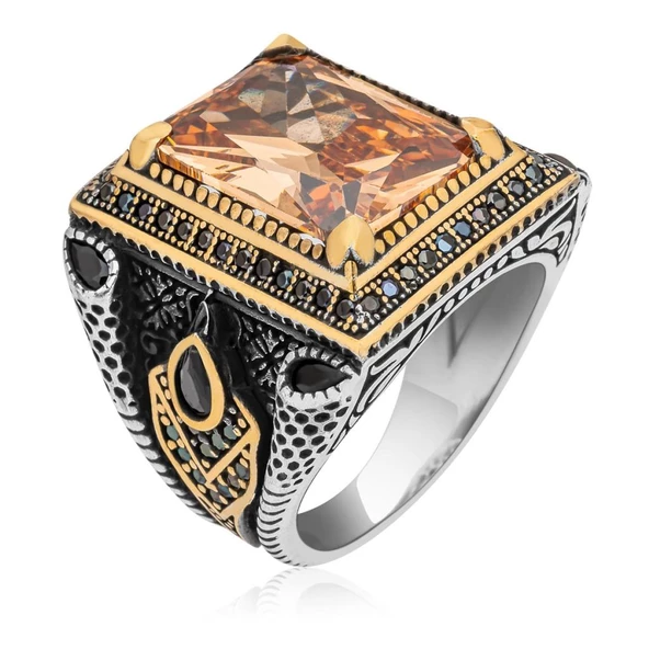 Kare Sitrin Taşlı 925 Gümüş Erkek Yüzük - Resim 11