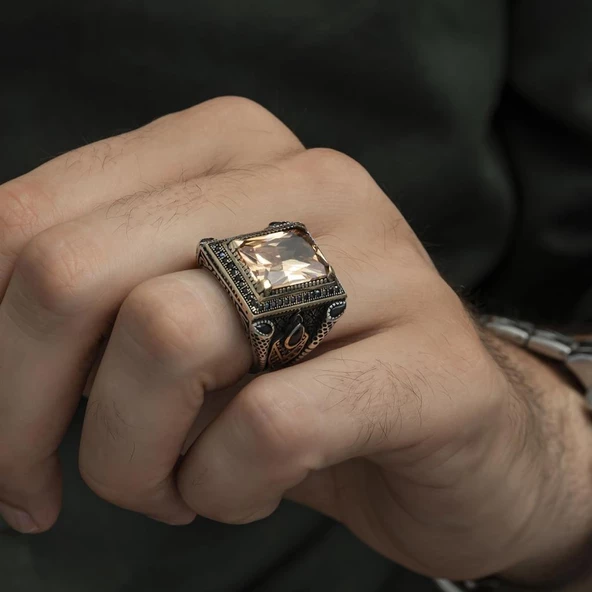 Kare Sitrin Taşlı 925 Gümüş Erkek Yüzük - Resim 7