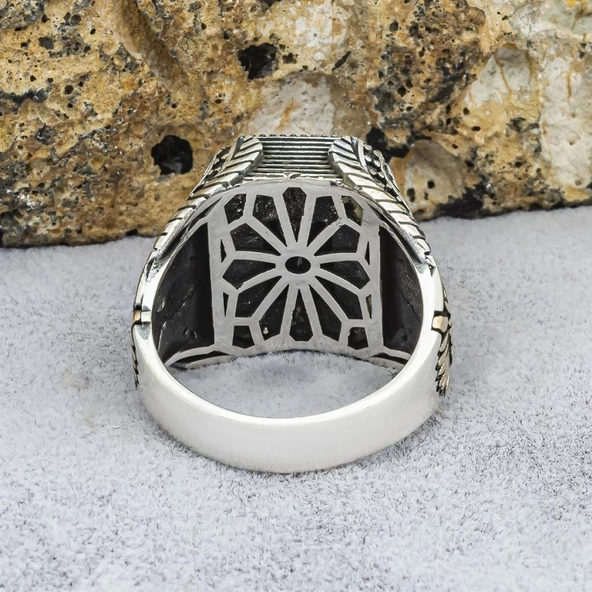 Kartal Motifli Kare Siyah Taşlı 925 Gümüş Erkek Yüzük - 9
