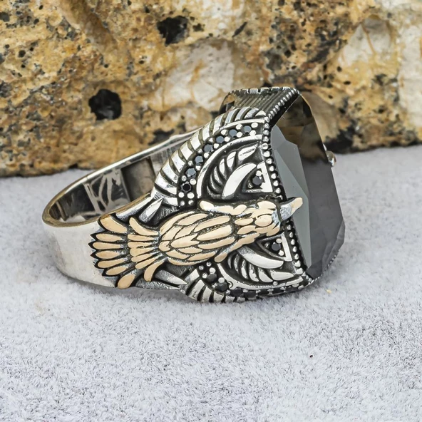 Kartal Motifli Kare Siyah Taşlı 925 Gümüş Erkek Yüzük - 10