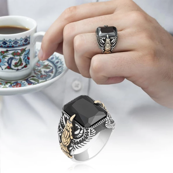 Kartal Motifli Kare Siyah Taşlı 925 Gümüş Erkek Yüzük