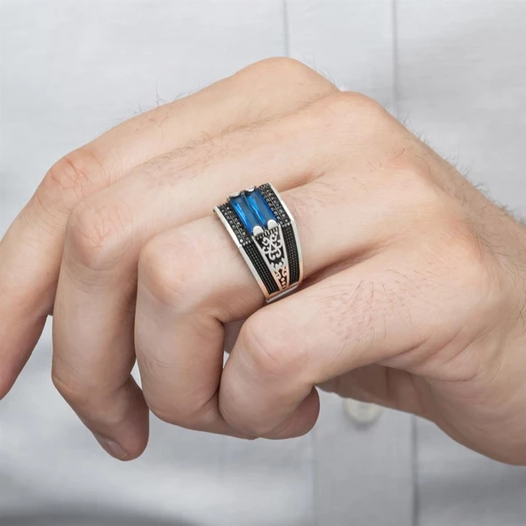 2 Sıra Mavi Taşlı 925 Gümüş Erkek Yüzük - 12
