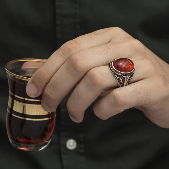 Oval Sentetik Kehribar Taşlı 925 Gümüş Erkek Yüzük - 6
