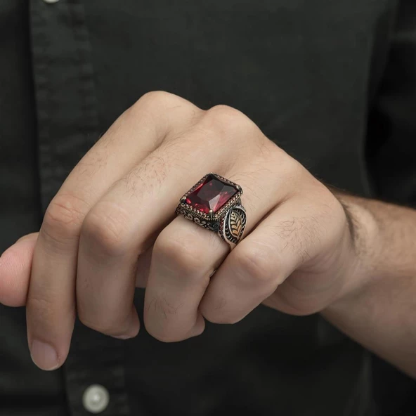 Yaprak Desenli Kırmızı Taşlı 925 Gümüş Erkek Yüzük - Resim 6