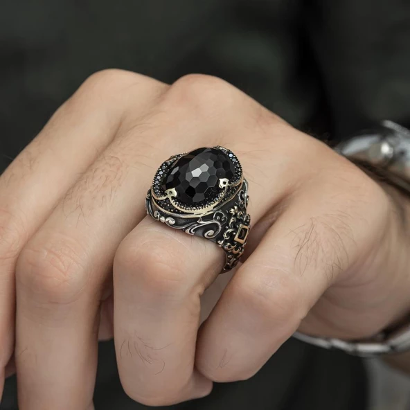 Siyah Kubbe Taşlı Hünkar Modeli 925 Gümüş Erkek Yüzük - Resim 8