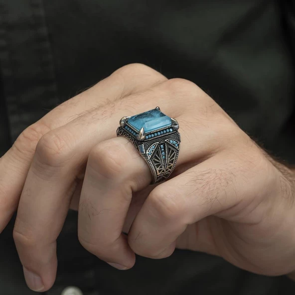 Mavi Paraiba Has Taşlı 925 Gümüş Erkek Yüzük - 7